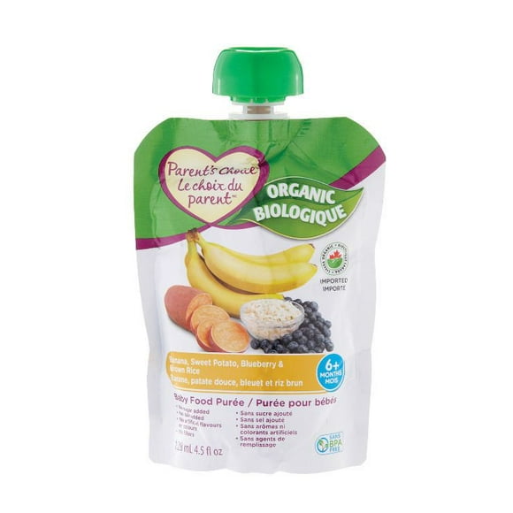Parent's Choice Organic Banana, Sweet Potato, Blueberry & Brown Rice Baby Food Purée, 128 mL